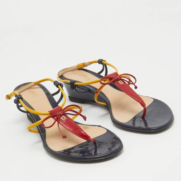 Pre Owned Fendi Multicolor Patent Leather Strappy Wedge Sandals Size 37