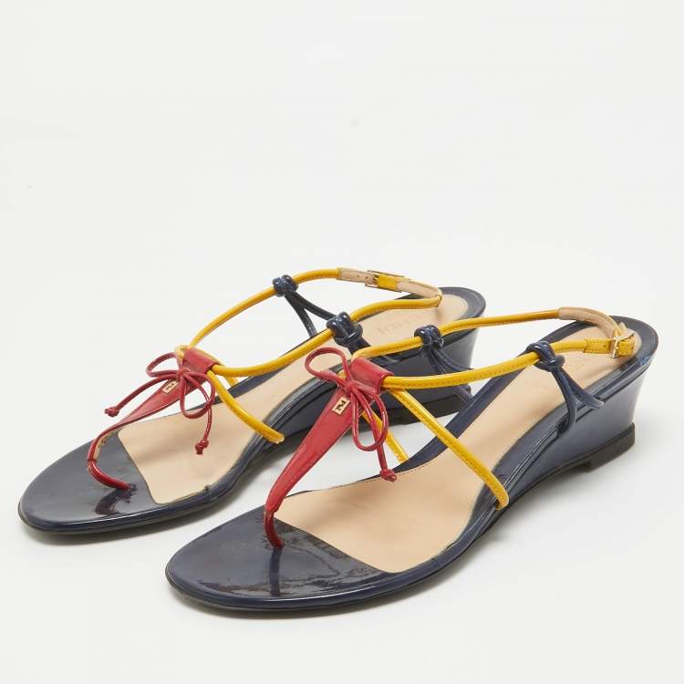 Pre Owned Fendi Multicolor Patent Leather Strappy Wedge Sandals Size 37