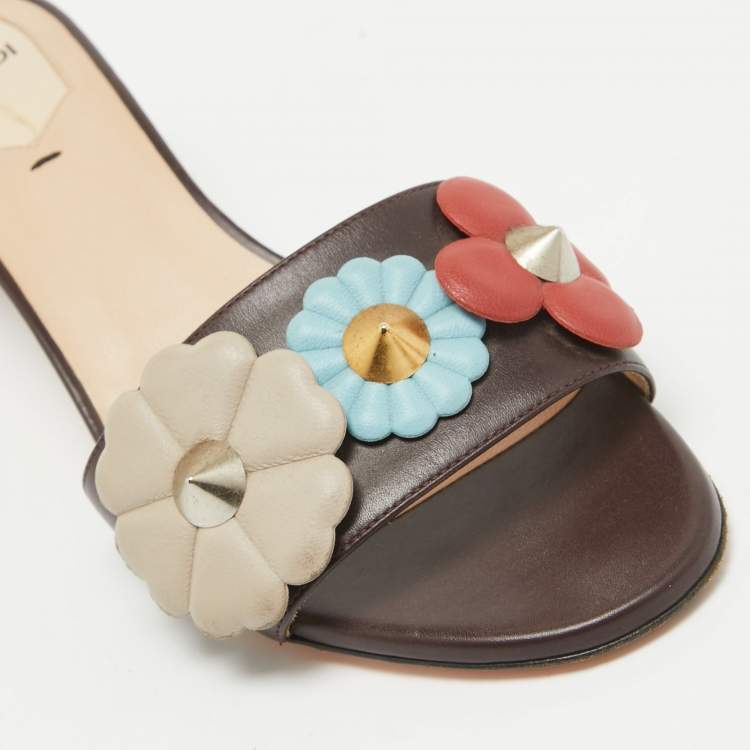 Pre Owned Fendi Brown Leather Flowerland Slide Sandals Size 38
