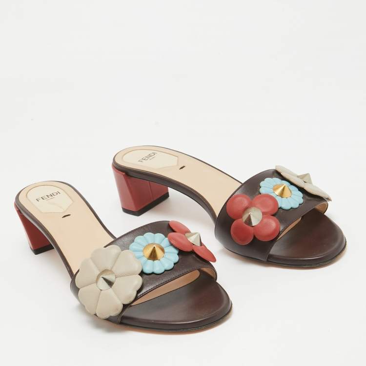 Pre Owned Fendi Brown Leather Flowerland Slide Sandals Size 38
