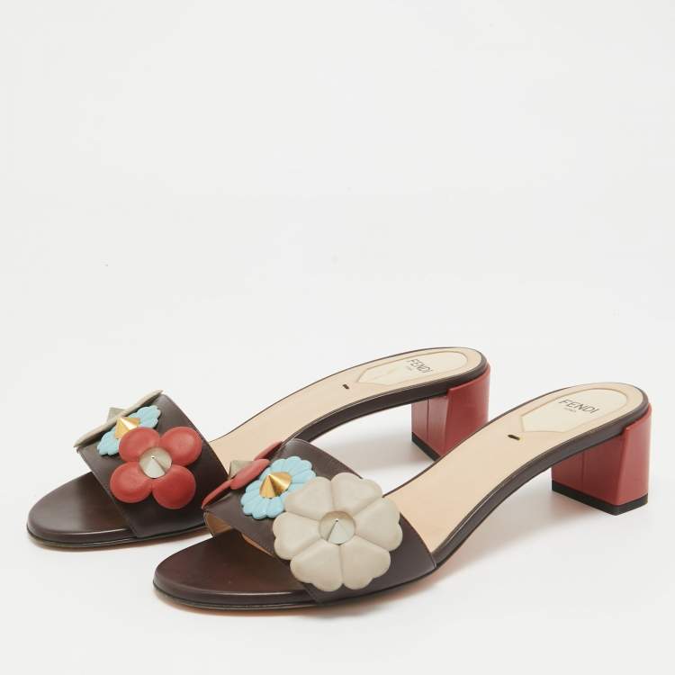 Pre Owned Fendi Brown Leather Flowerland Slide Sandals Size 38