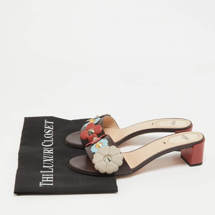 Pre Owned Fendi Brown Leather Flowerland Slide Sandals Size 38