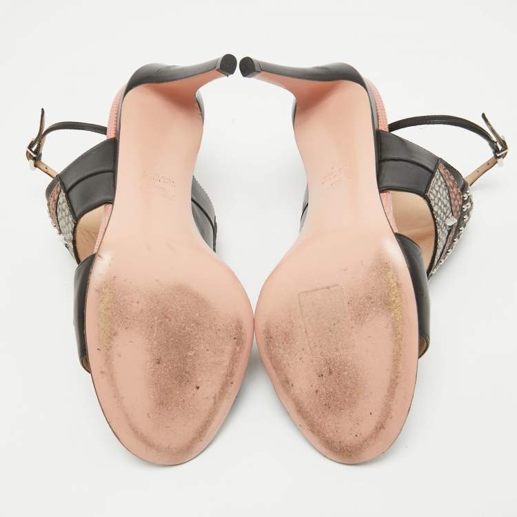 Pre Owned Fendi Black Studded Leather Rocker Bug Ankle-Strap Sandals Size 36