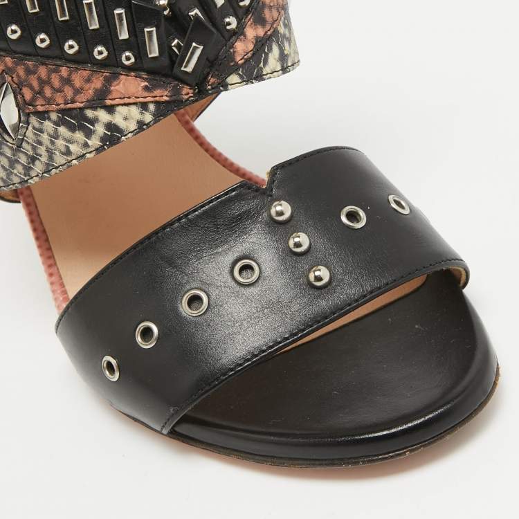 Pre Owned Fendi Black Studded Leather Rocker Bug Ankle-Strap Sandals Size 36