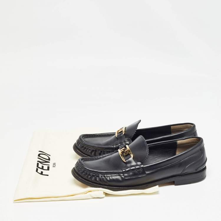 Pre Owned Fendi Black Leather FF Buckle Loafers Size 39