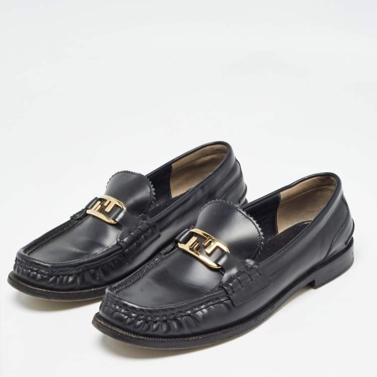 Pre Owned Fendi Black Leather FF Buckle Loafers Size 39