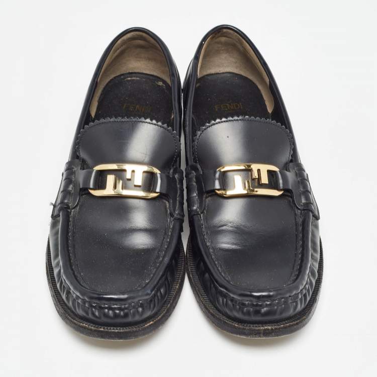 Pre Owned Fendi Black Leather FF Buckle Loafers Size 39