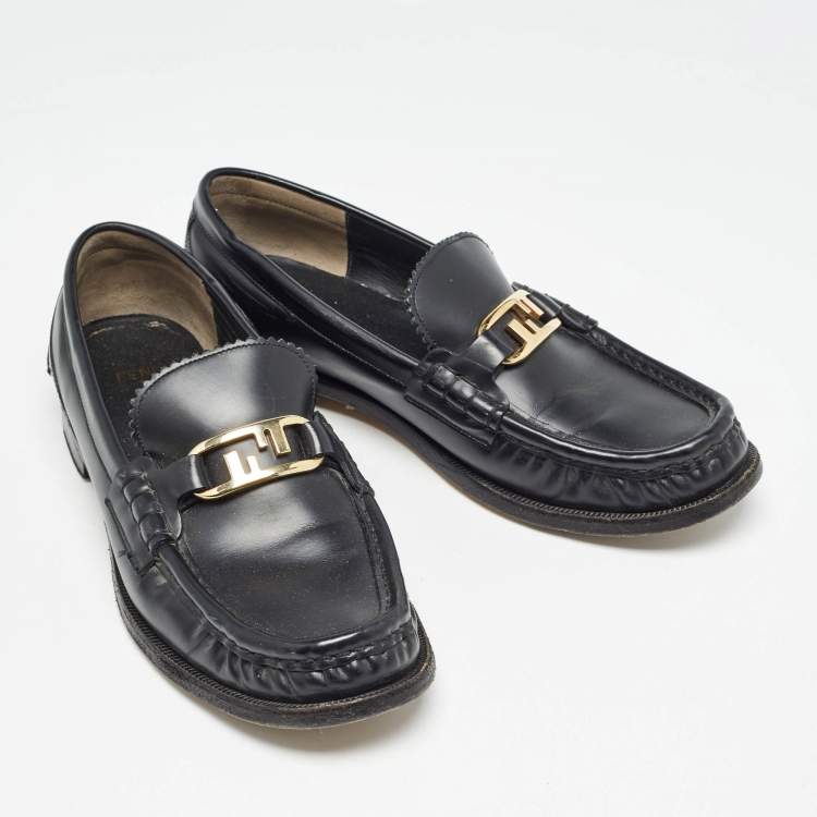 Pre Owned Fendi Black Leather FF Buckle Loafers Size 39