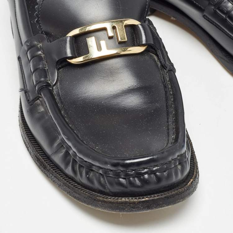 Pre Owned Fendi Black Leather FF Buckle Loafers Size 39