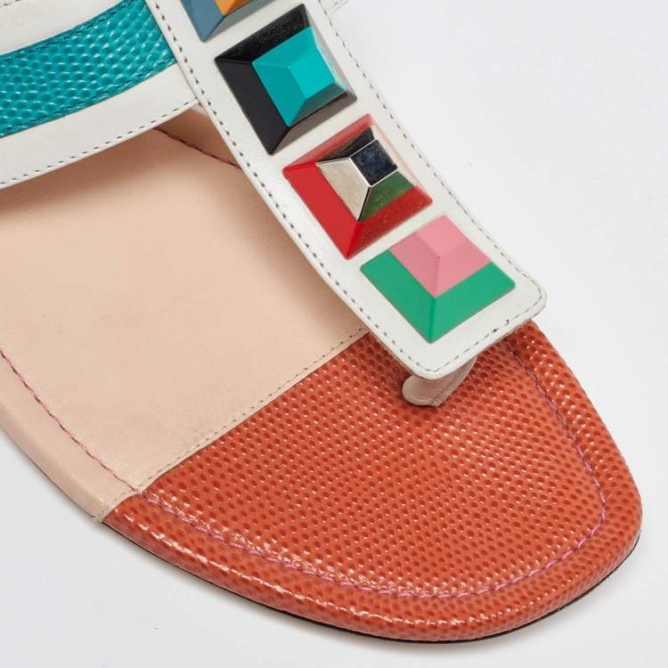 Pre Owned Fendi Multicolor Leather Studded Thong Flat Sandals Size 37