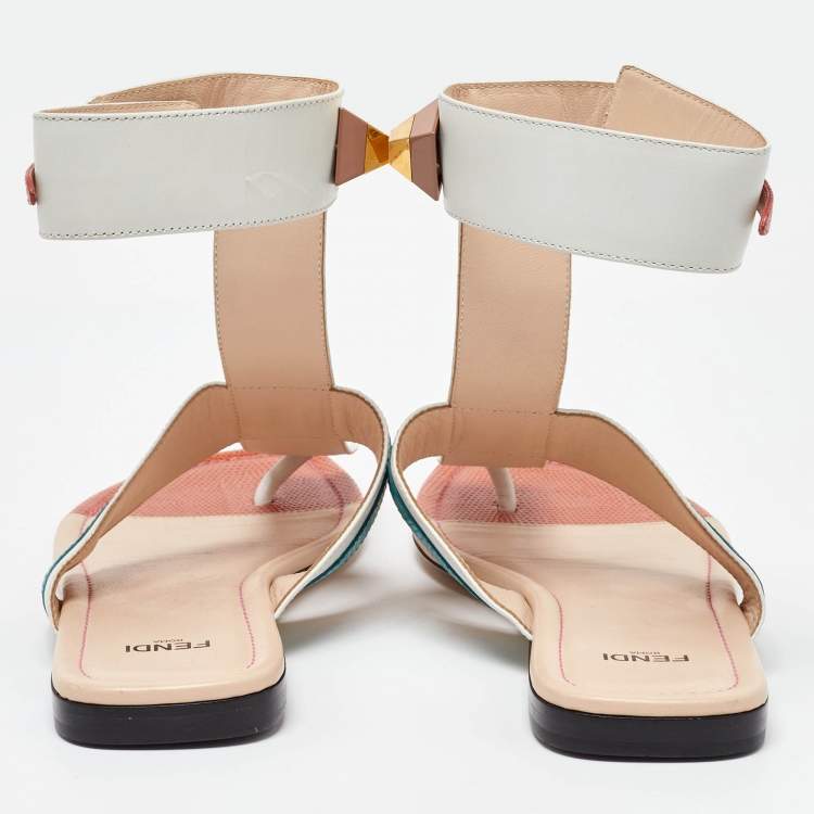 Pre Owned Fendi Multicolor Leather Studded Thong Flat Sandals Size 37