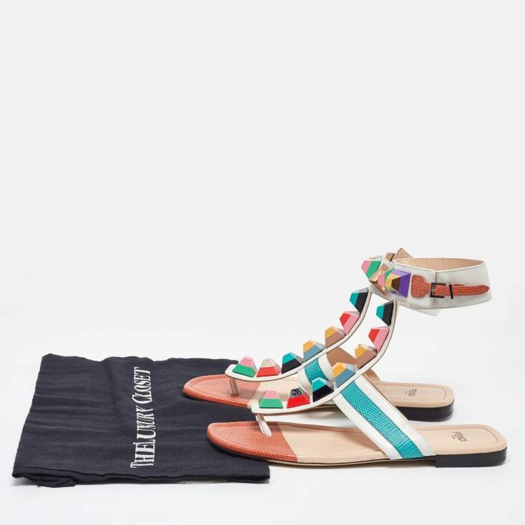 Pre Owned Fendi Multicolor Leather Studded Thong Flat Sandals Size 37