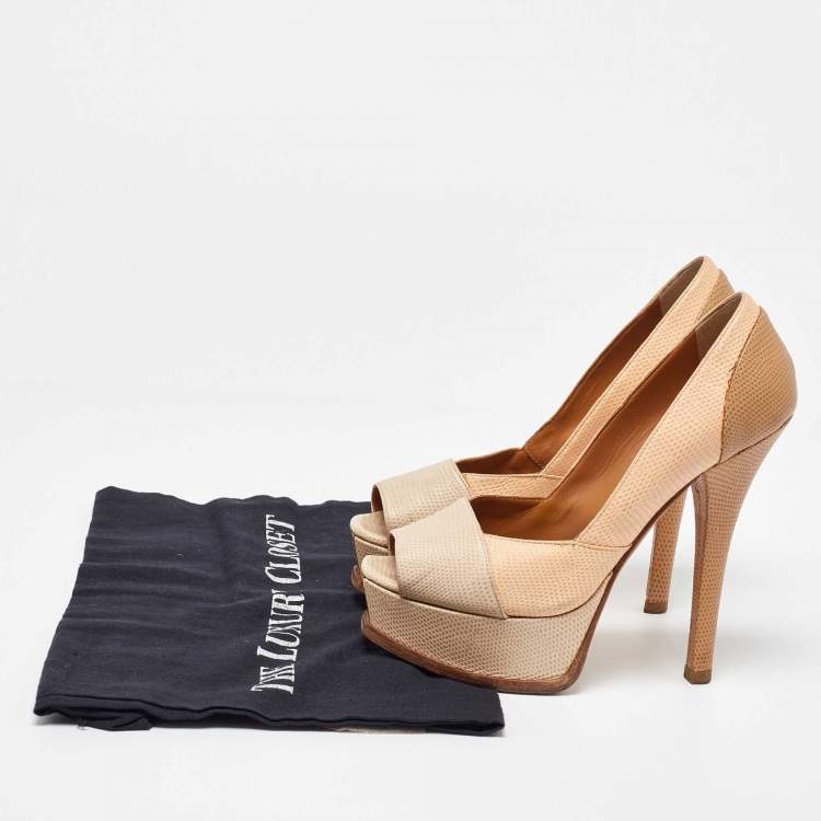 Pre Owned Fendi Tricolor Embossed Lizard Fendista Peep Toe Pumps Size 35.5
