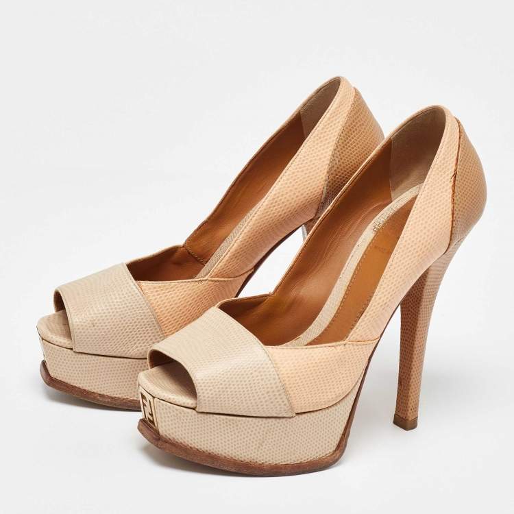 Pre Owned Fendi Tricolor Embossed Lizard Fendista Peep Toe Pumps Size 35.5