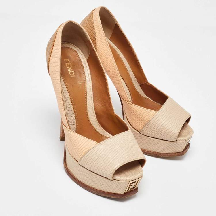 Pre Owned Fendi Tricolor Embossed Lizard Fendista Peep Toe Pumps Size 35.5