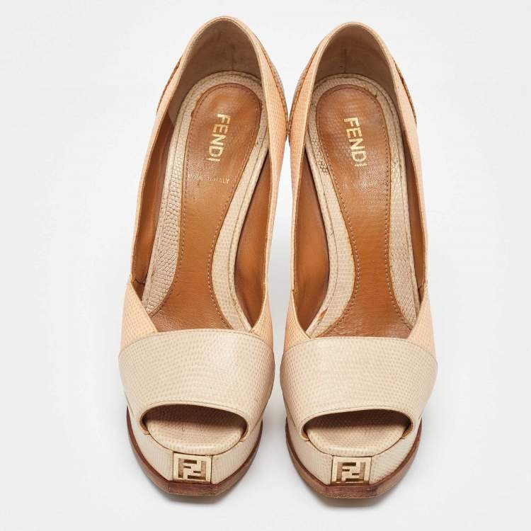 Pre Owned Fendi Tricolor Embossed Lizard Fendista Peep Toe Pumps Size 35.5