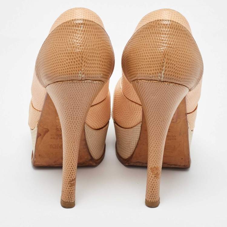 Pre Owned Fendi Tricolor Embossed Lizard Fendista Peep Toe Pumps Size 35.5