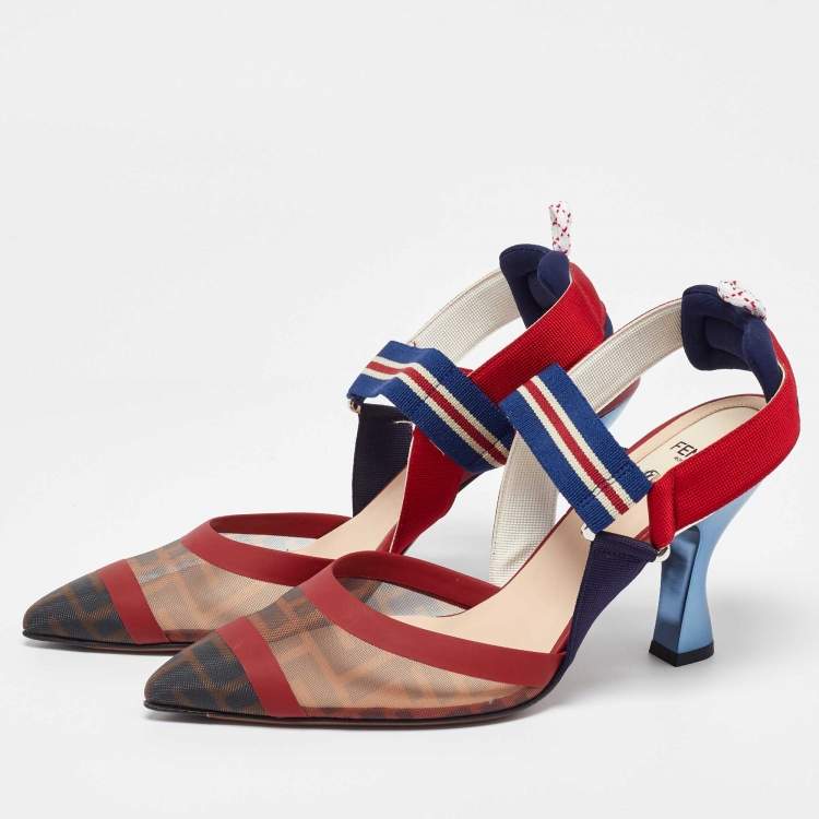 Pre Owned Fendi Brown/Red Zucca Mesh and Leather Colibri Slingback Pumps Size 40