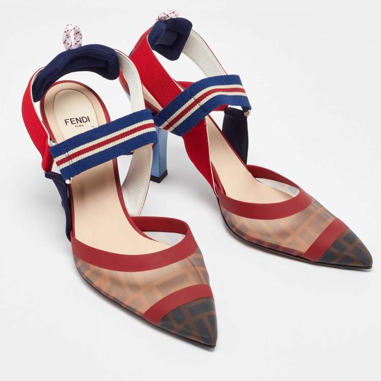 Pre Owned Fendi Brown/Red Zucca Mesh and Leather Colibri Slingback Pumps Size 40