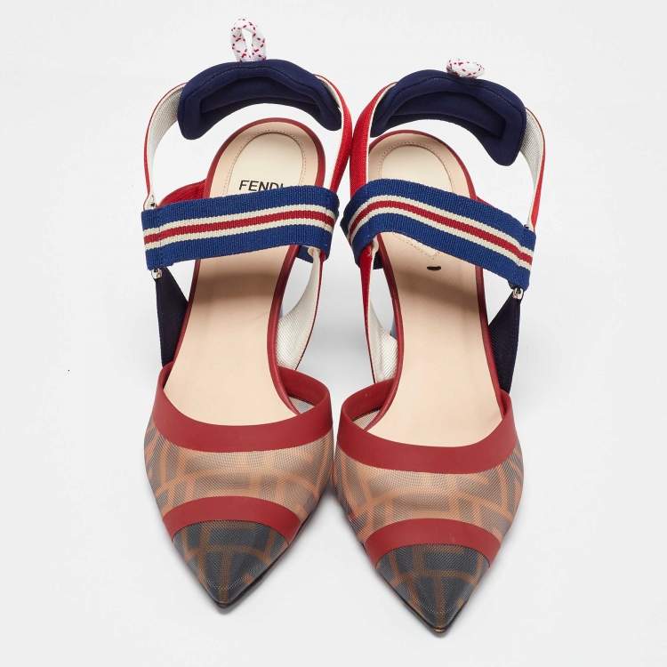 Pre Owned Fendi Brown/Red Zucca Mesh and Leather Colibri Slingback Pumps Size 40