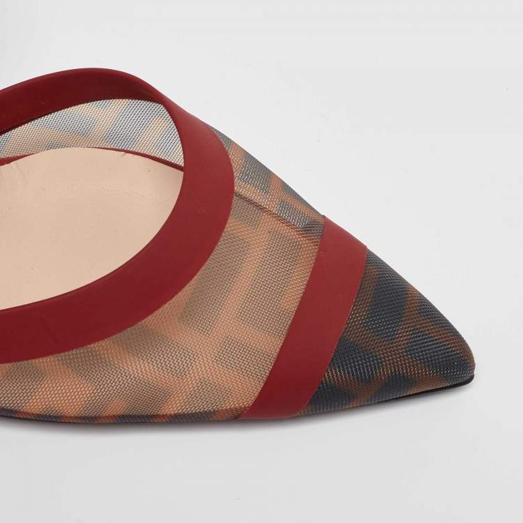 Pre Owned Fendi Brown/Red Zucca Mesh and Leather Colibri Slingback Pumps Size 40