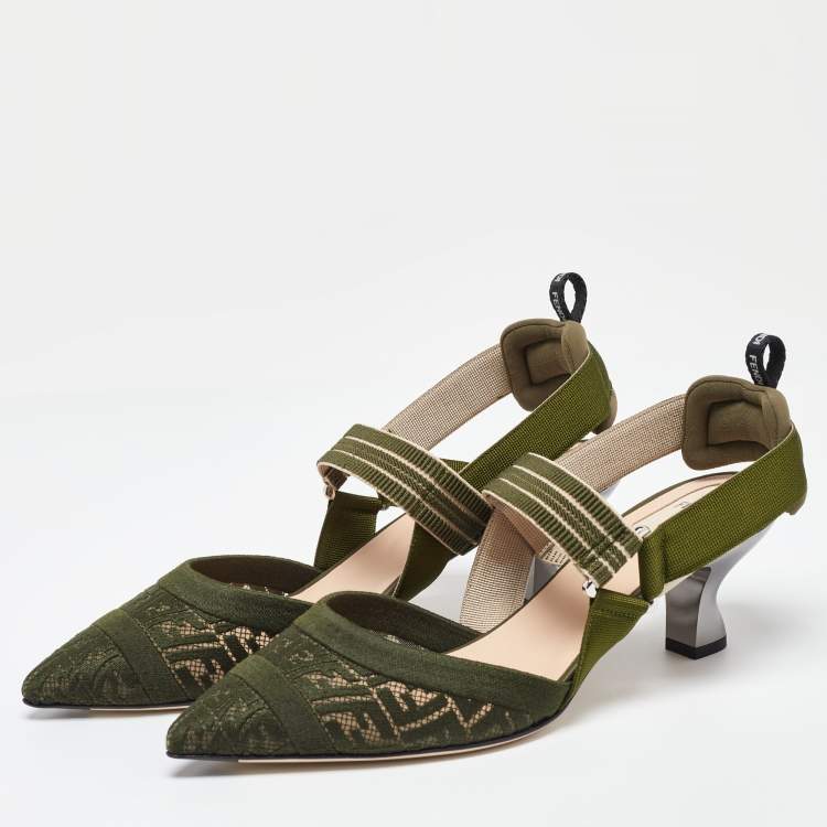 مملوكة مسبقًا Fendi Green Canvas Colibri Sligback Pumps Size 41