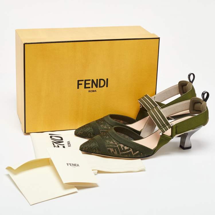 مملوكة مسبقًا Fendi Green Canvas Colibri Sligback Pumps Size 41