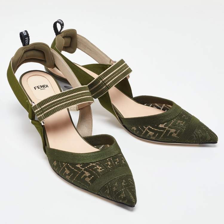 مملوكة مسبقًا Fendi Green Canvas Colibri Sligback Pumps Size 41