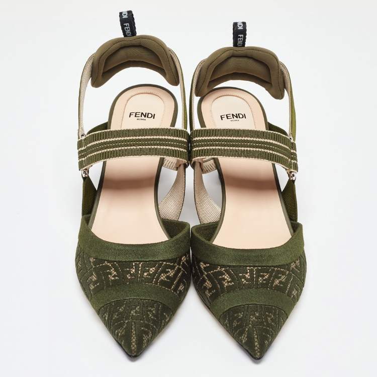 مملوكة مسبقًا Fendi Green Canvas Colibri Sligback Pumps Size 41