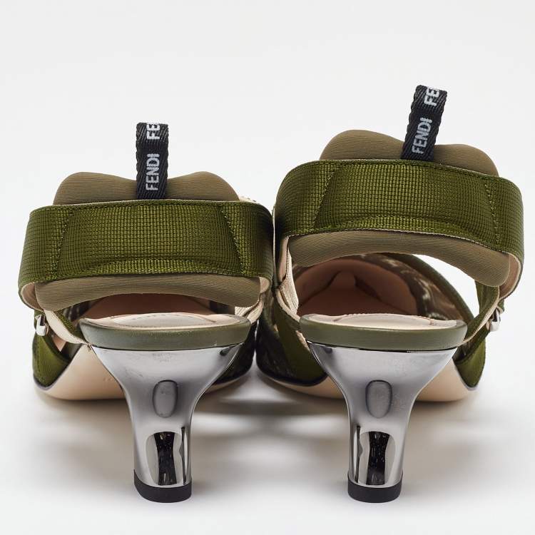 مملوكة مسبقًا Fendi Green Canvas Colibri Sligback Pumps Size 41