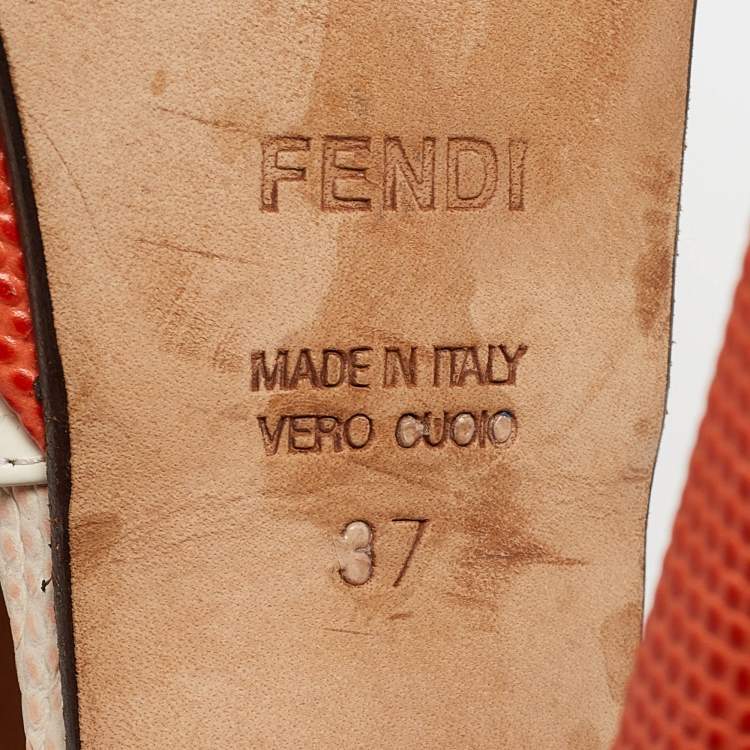 Pre Owned Fendi Two Tone Lizard Embossed Leather and Patent Ankle Strap Sandals Size 37