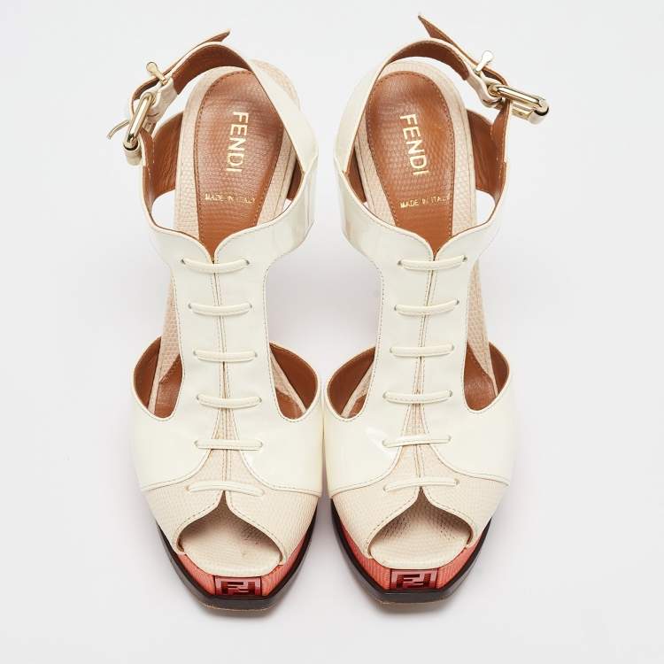 Pre Owned Fendi Two Tone Lizard Embossed Leather and Patent Ankle Strap Sandals Size 37