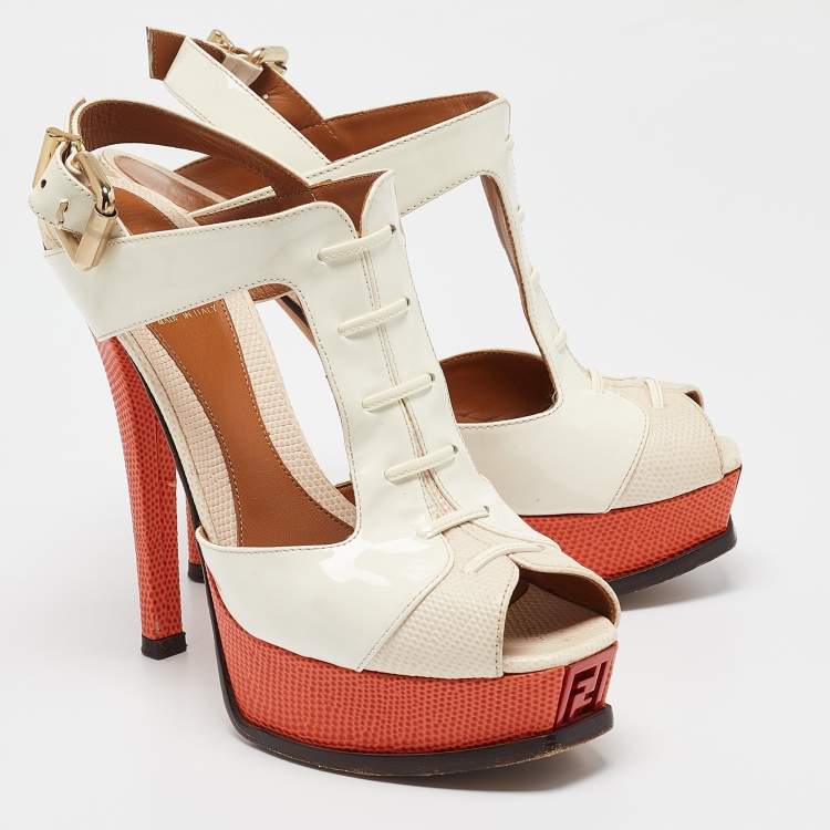 Pre Owned Fendi Two Tone Lizard Embossed Leather and Patent Ankle Strap Sandals Size 37