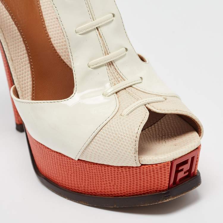 Pre Owned Fendi Two Tone Lizard Embossed Leather and Patent Ankle Strap Sandals Size 37