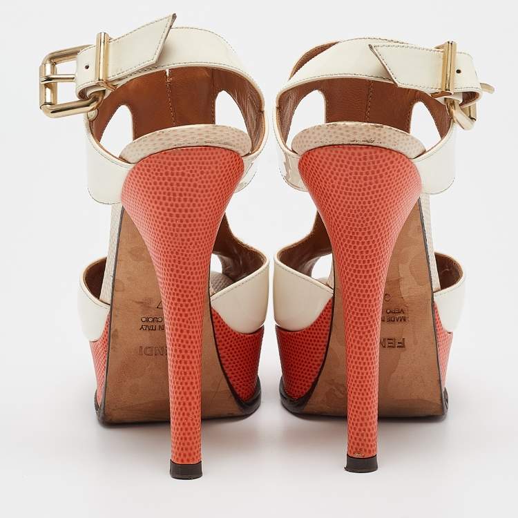 Pre Owned Fendi Two Tone Lizard Embossed Leather and Patent Ankle Strap Sandals Size 37