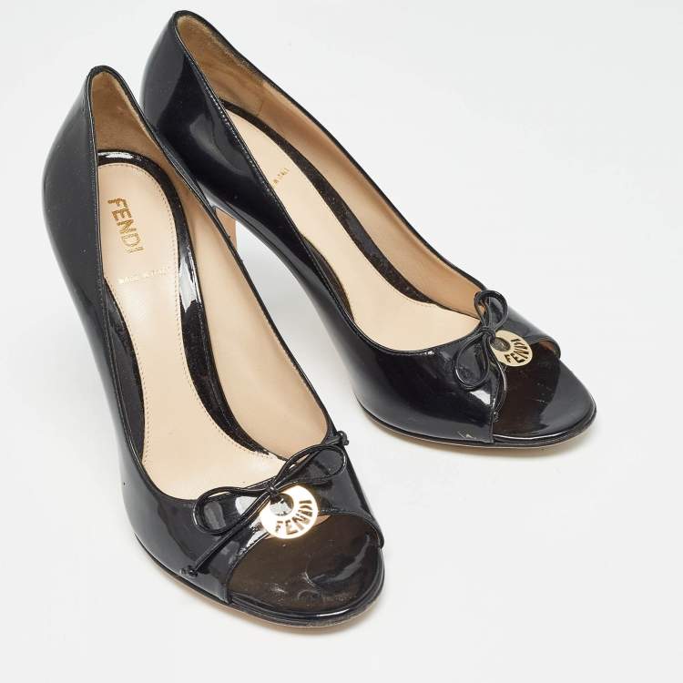 Pre Owned Fendi Black Patent Leather Open Toe Pumps Size 38.5