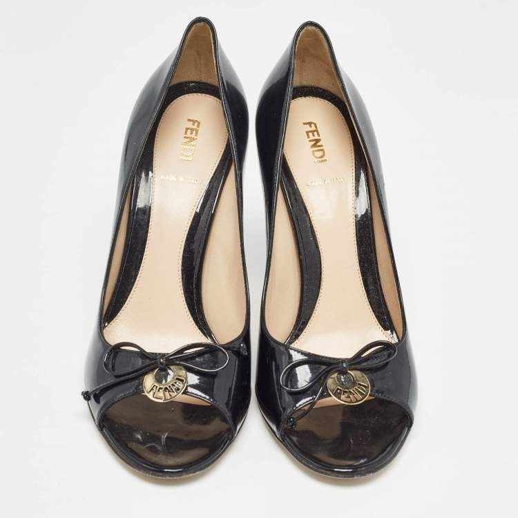 Pre Owned Fendi Black Patent Leather Open Toe Pumps Size 38.5