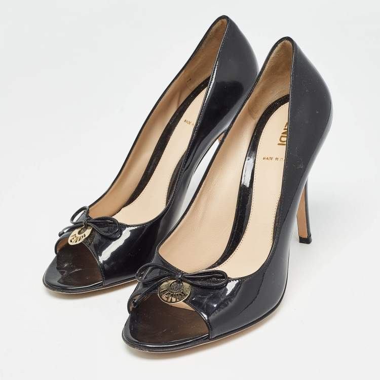Pre Owned Fendi Black Patent Leather Open Toe Pumps Size 38.5