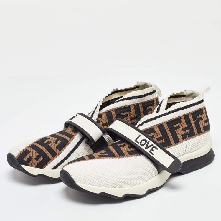 Pre Owned Fendi White/Brown Monogram Mesh Rockoko Velcro Strap Low Top Sneakers Size 39