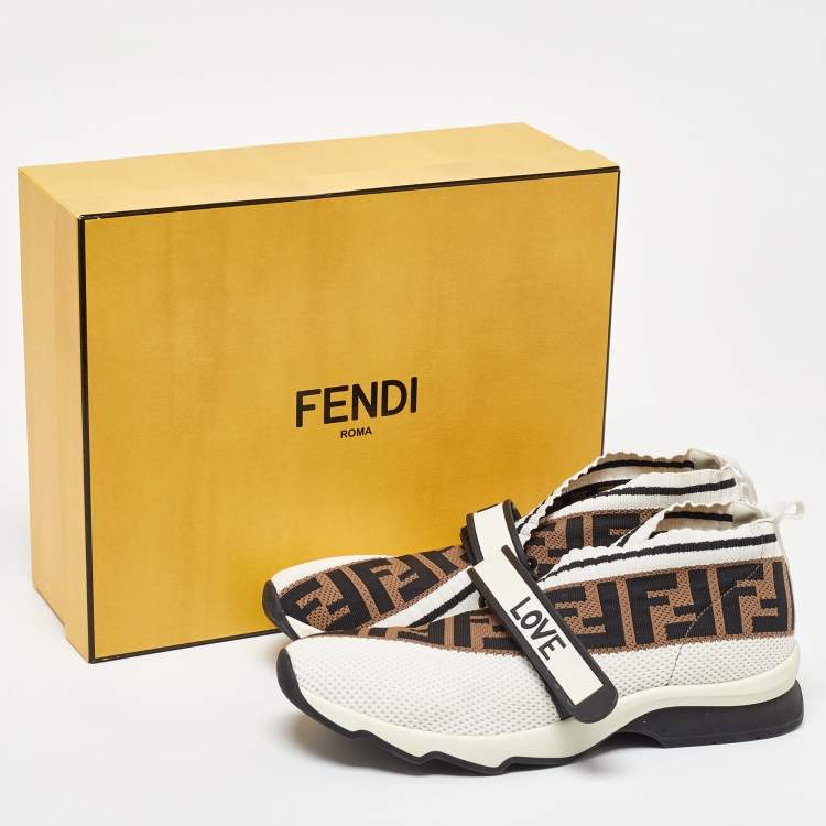 Pre Owned Fendi White/Brown Monogram Mesh Rockoko Velcro Strap Low Top Sneakers Size 39