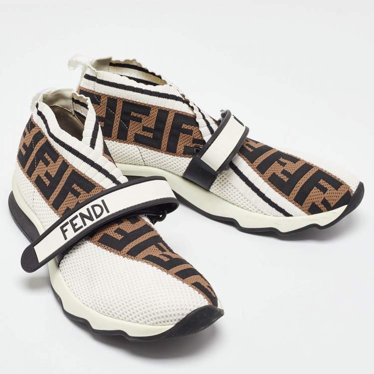 Pre Owned Fendi White/Brown Monogram Mesh Rockoko Velcro Strap Low Top Sneakers Size 39