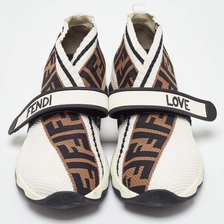 Pre Owned Fendi White/Brown Monogram Mesh Rockoko Velcro Strap Low Top Sneakers Size 39