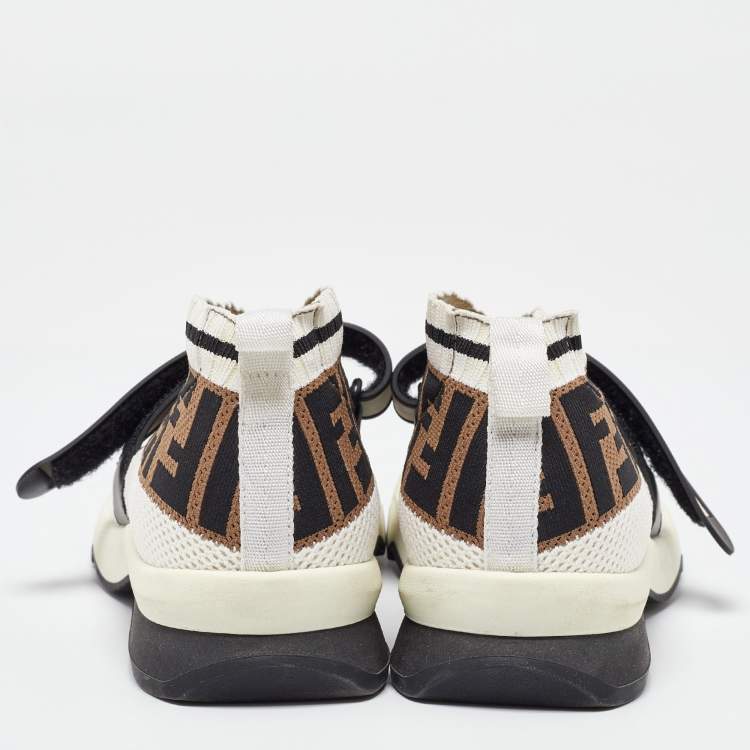 Pre Owned Fendi White/Brown Monogram Mesh Rockoko Velcro Strap Low Top Sneakers Size 39