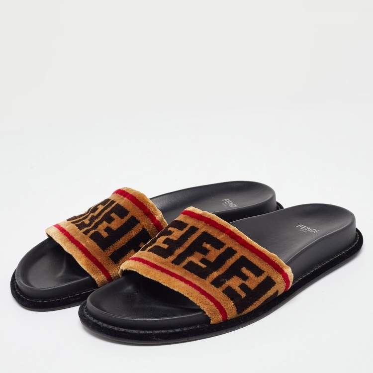 Pre Owned Fendi Brown FF Velvet Monogram Slide Sandals Size 38