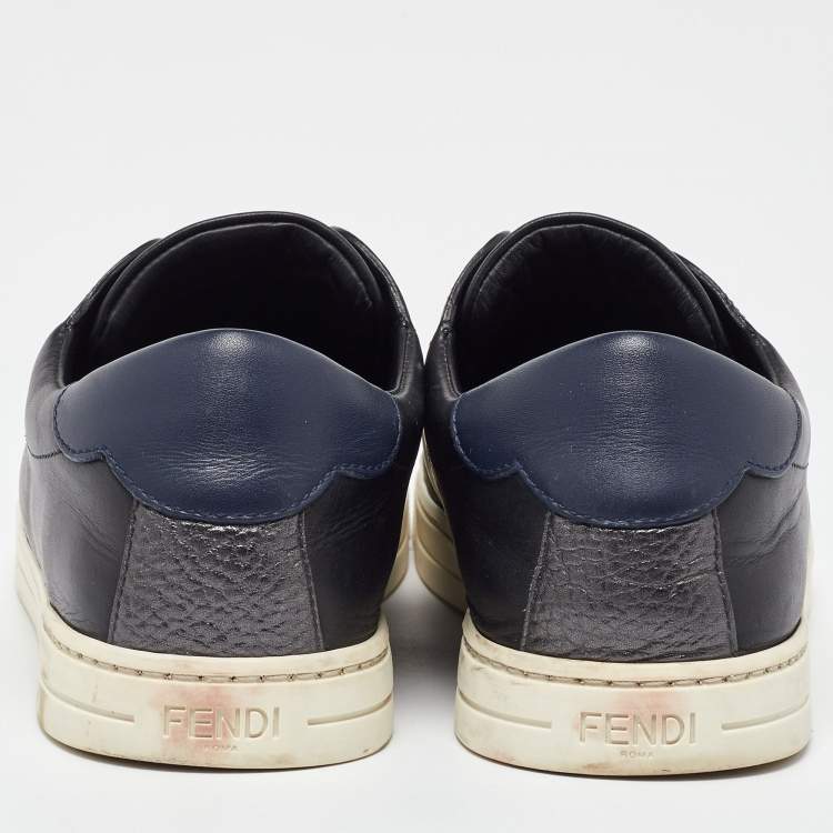 Pre Owned Fendi Black/Blue Leather Scallop Detail Slip On Sneakers Size 38