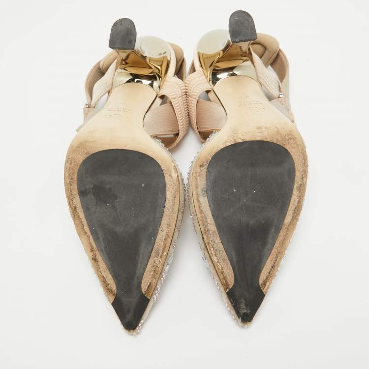 مملوكة مسبقًا Fendi Beige Mesh and Canvas Crystal Embellished Colibri Slingback Pumps Size 38