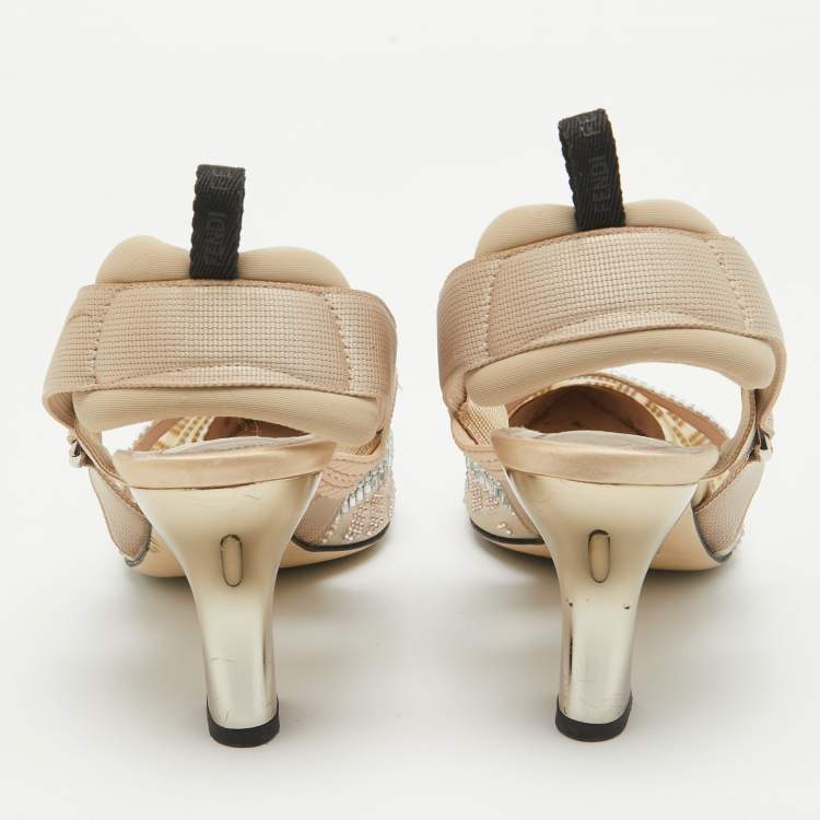 مملوكة مسبقًا Fendi Beige Mesh and Canvas Crystal Embellished Colibri Slingback Pumps Size 38