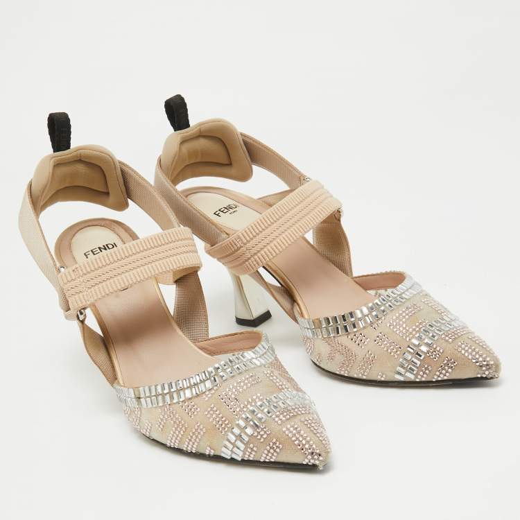 مملوكة مسبقًا Fendi Beige Mesh and Canvas Crystal Embellished Colibri Slingback Pumps Size 38