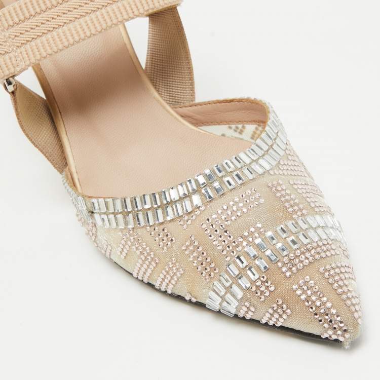 مملوكة مسبقًا Fendi Beige Mesh and Canvas Crystal Embellished Colibri Slingback Pumps Size 38
