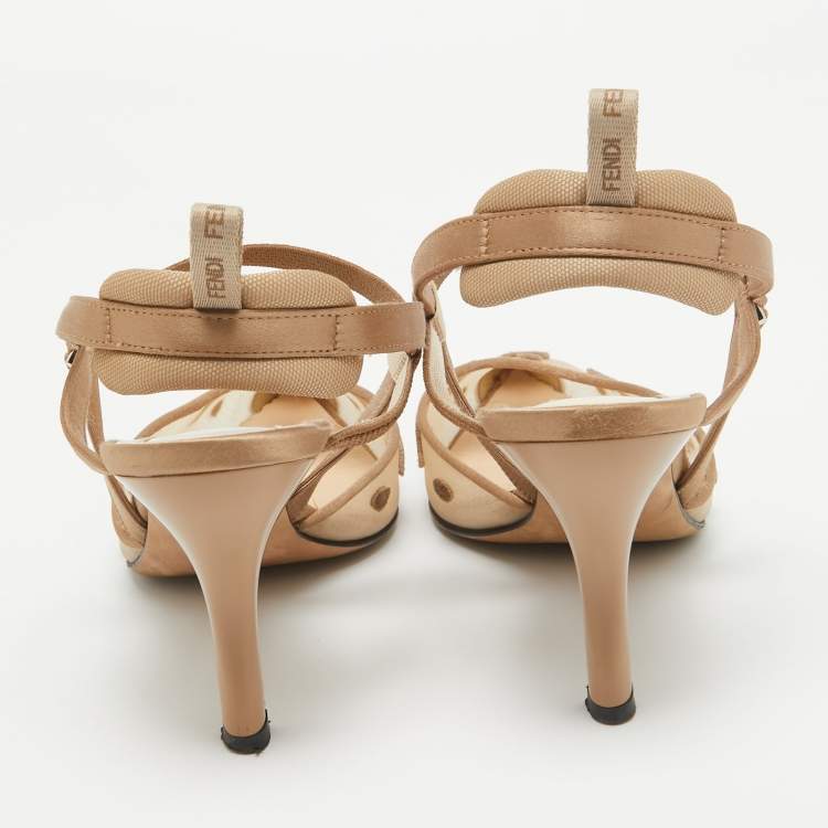 Pre Owned Fendi Brown  Mesh and Satin Colibri Pointed Toe Slingback Pumps Size 38